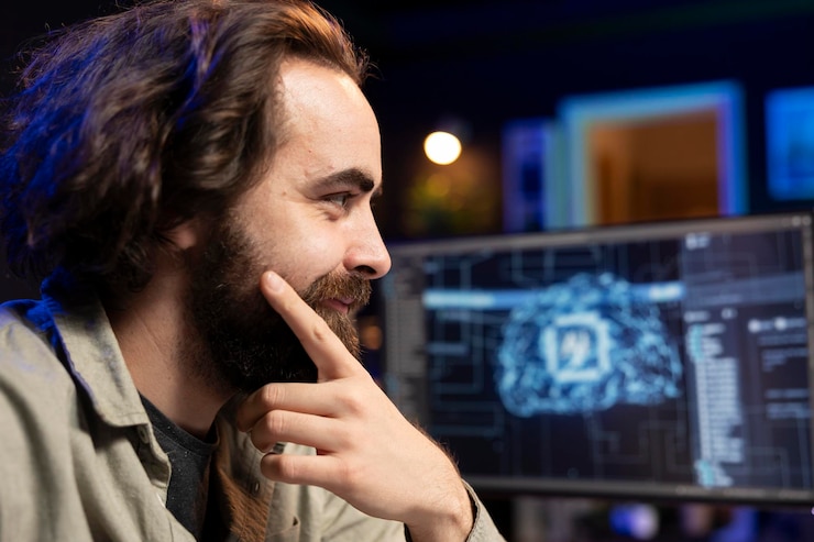 Free Photo smiling computer engineer updating ai satisfied after finishing code script