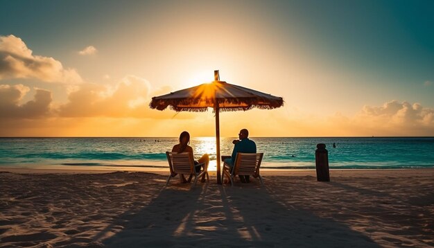AI によって生成された熱帯のビーチで夕日を楽しむ笑顔のカップル