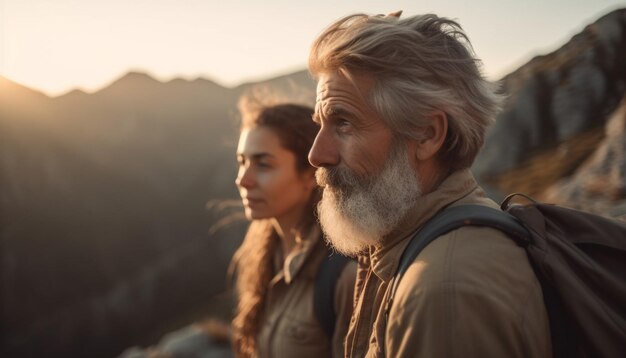 AI가 생성한 자연의 모험을 즐기며 산을 오르는 미소 커플