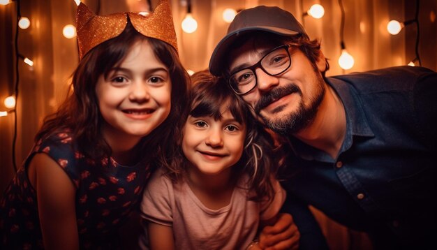 Foto gratuita la famiglia sorridente si abbraccia sotto le luci natalizie al chiuso generate dall'intelligenza artificiale