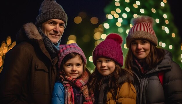 Улыбающаяся семья обнимает зиму, наслаждаясь природой, счастьем, генеративным искусственным интеллектом