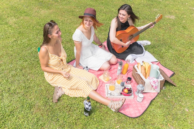 Amici femminili sorridenti divertendosi sul picnic