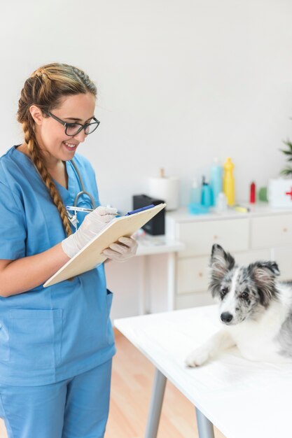 Улыбка женщины ветеринар, писать в буфер обмена с собакой на столе в клинике