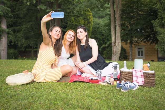 Улыбающиеся друзья, берущие себя через мобильный телефон на пикнике