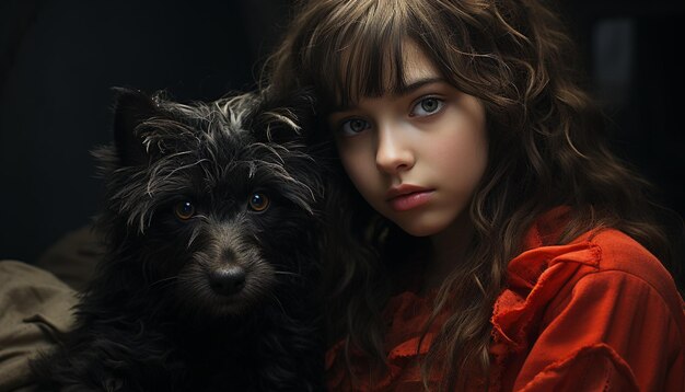 Улыбающаяся девочка обнимает милого щенка, излучая любовь и счастье, генерируемые искусственным интеллектом.