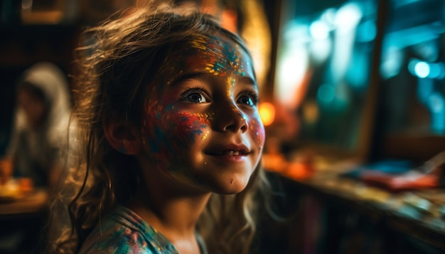 Foto gratuita la ragazza sorridente gode di una colorata festa di pittura per il viso generata dall'intelligenza artificiale