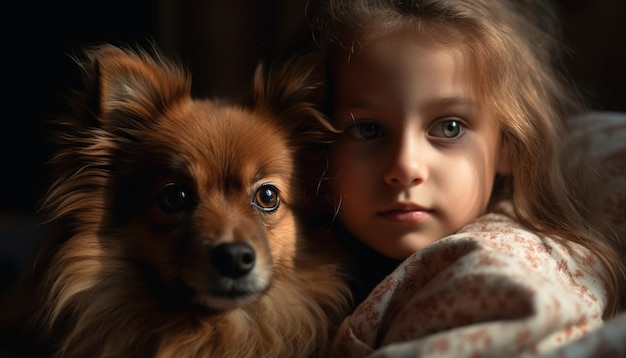 Улыбающаяся девочка держит игривого щенка шетландской овчарки, созданного ИИ
