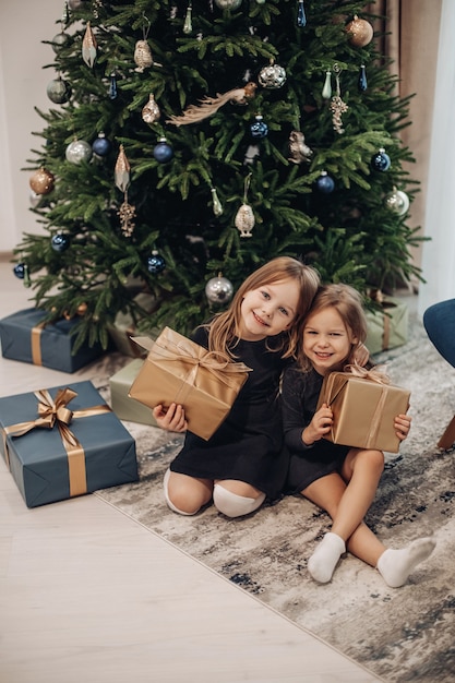갈색 포장 선물에 그들의 크리스마스 선물을 들고 웃는 소녀