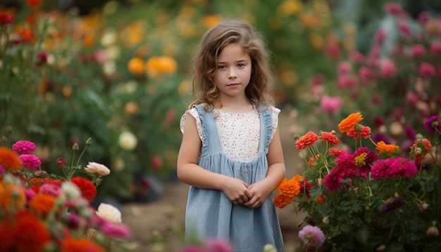 꽃다발을 들고 웃는 소녀는 AI가 생성한 야외에서 기쁨을 찾습니다.