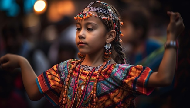 Smiling girls in traditional clothing celebrate outdoors generated by AI