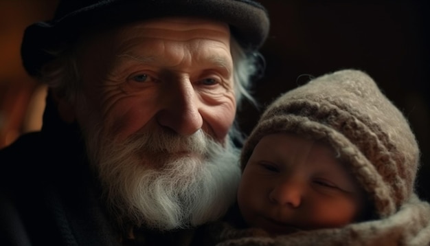 Free photo smiling grandfather holds cute grandson in nature generated by ai