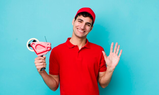 Smiling happily waving hand welcoming and greeting you