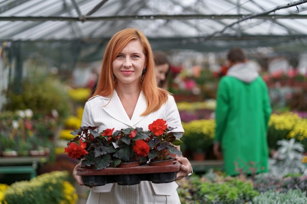 彼女は温室の庭の植物に傾向があるように彼女の手で鉢植えの赤いゼラニウムを持って立っている彼女の保育園で幸せな花屋を笑顔