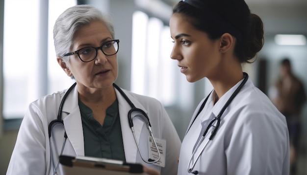 Free photo smiling healthcare workers holding stethoscopes talking candidly generated by ai