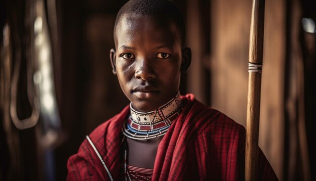 Smiling indigenous child wearing traditional necklace outdoors generated by AI