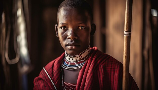 Улыбающийся ребенок из числа коренного населения в традиционном ожерелье на открытом воздухе, созданный ИИ