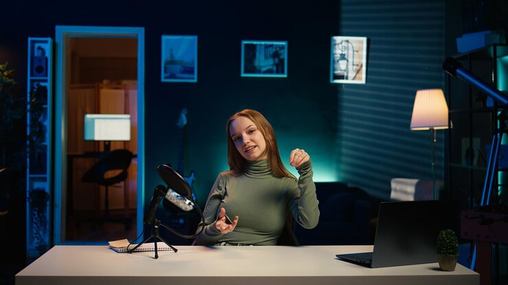 Free Photo smiling influencer in studio waving hand greeting audience