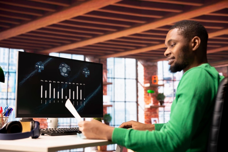 Free Photo smiling man in home office using financial application ui on pc screen