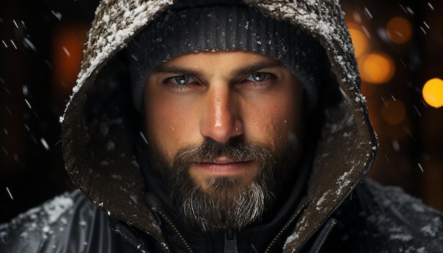 Smiling man in winter portrait looking at camera snowing generated by artificial intelligence