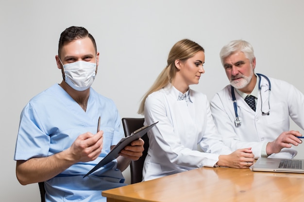 smiling men stethoscope set hospital uniform