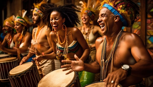 AI가 만든 문화 축제에서 웃고 있는 음악가들이 타악기를 연주하다
