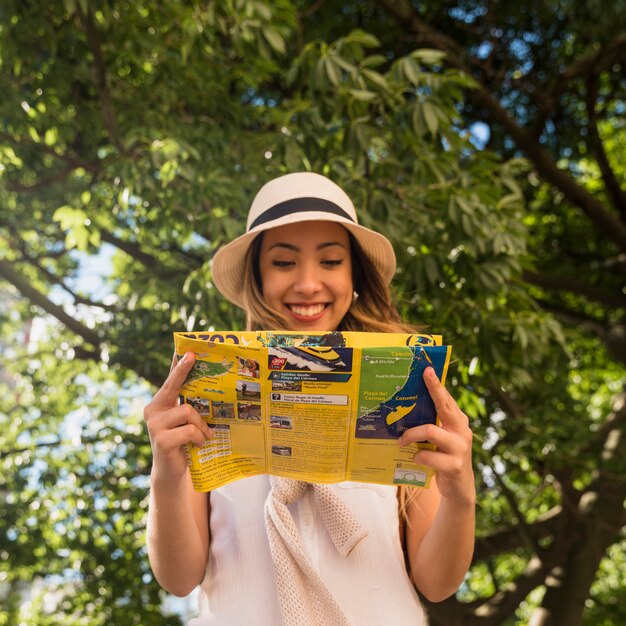 Smiling portrait of young woman standing in the park reading map