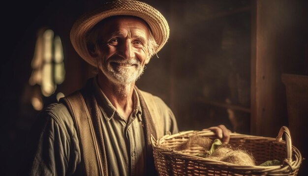 Smiling senior farmer holding basket of fresh produce generated by AI