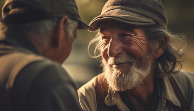 Smiling senior men bond in rural adventure generated by AI