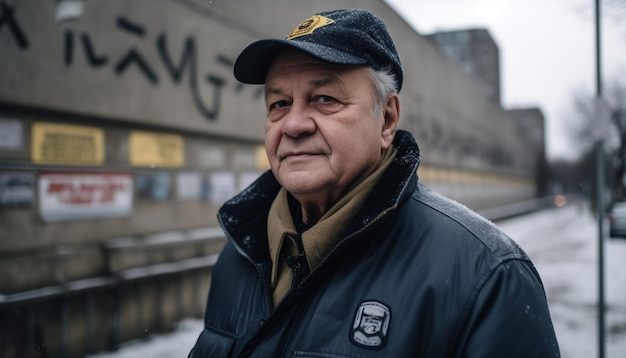 Smiling senior men in warm winter jackets generated by AI