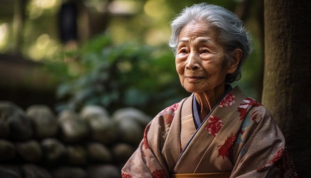 Free photo smiling senior woman in traditional japanese clothing generated by ai