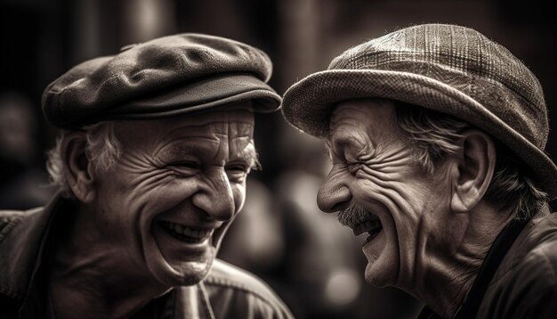 Smiling seniors in black and white portrait generated by AI