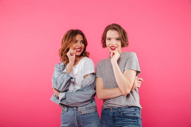 Smiling two women friends standing isolated