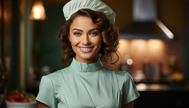 Smiling woman cooking in kitchen radiating happiness and confidence generated by artificial intelligence