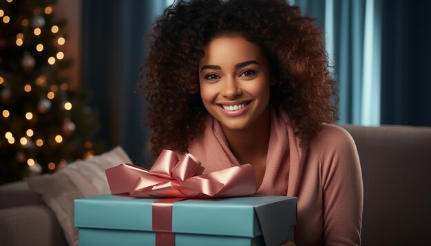 인공지능이 생성한 선물상자를 들고 집에서 크리스마스를 즐기는 웃는 여자