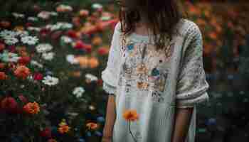 Free photo smiling woman holds daisy in sunlit meadow generated by ai