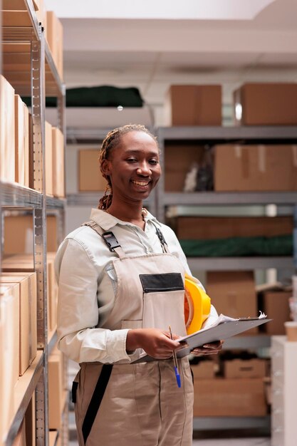 Smiling woman managing products supply in logistics department warehouse, controlling goods distribution and looking at camera. Storehouse supervisor standing near shelves with cardboard boxes