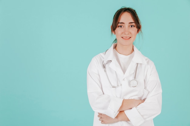 Smiling woman in medical overall