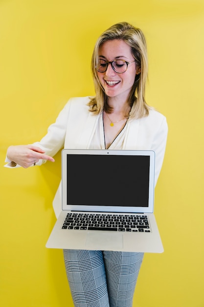 Smiling woman showing display