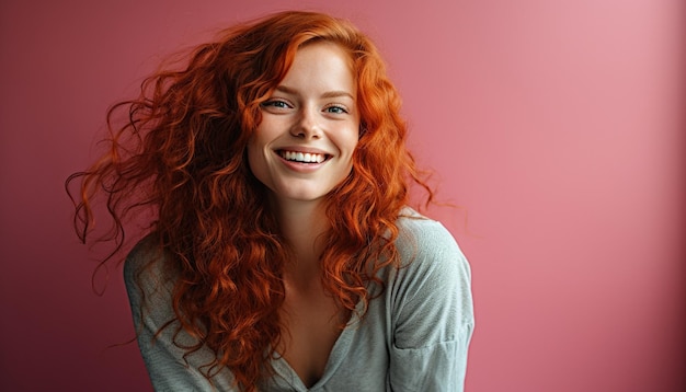 Foto gratuita donna sorridente con i capelli ricci che guarda la telecamera generata dall'ai