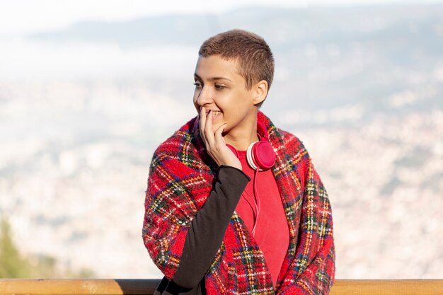 Smiling woman with short hair