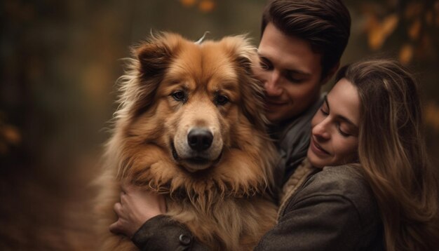 Smiling women embrace cute dog in nature beauty generated by AI