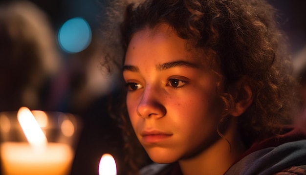 Free photo smiling young adult illuminated by candle flame generated by ai