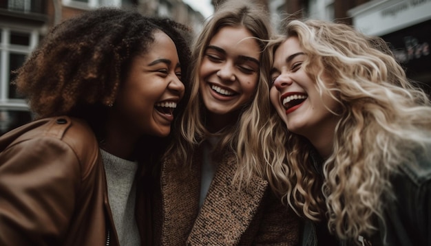Smiling young adults enjoy friendship and togetherness outdoors generated by AI