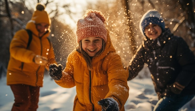 Foto gratuita i giovani adulti sorridenti si godono l'avventura invernale in montagna generata dall'intelligenza artificiale