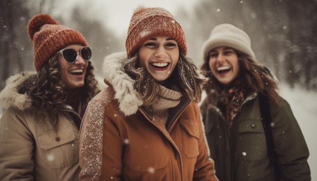 Free photo smiling young adults enjoy winter snowy beauty generative ai