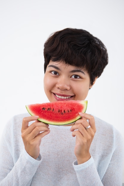 Smiling Young Asian Woman Holding Watermelon