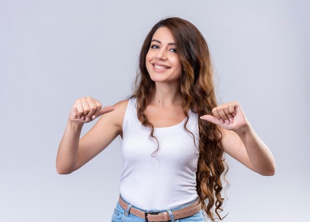 Smiling young beautiful girl pointing at herself 