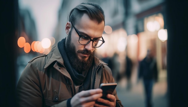 Улыбающийся молодой бизнесмен читает текстовое сообщение на улице, сгенерированное ИИ