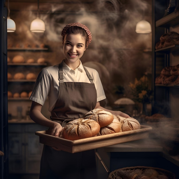 smiling young female baker holding tray with fresh bread in bakery shop