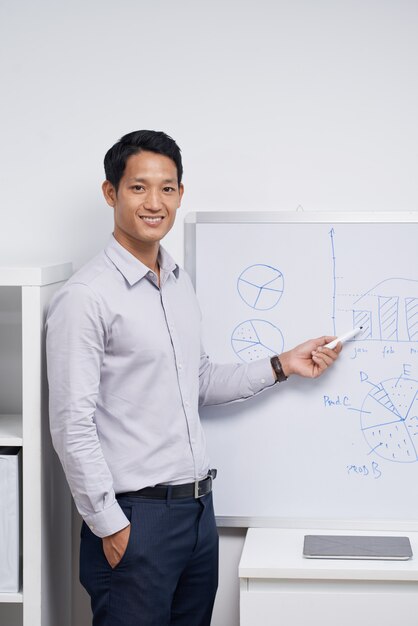 Smiling young financial manager showing charts and graphs on white board